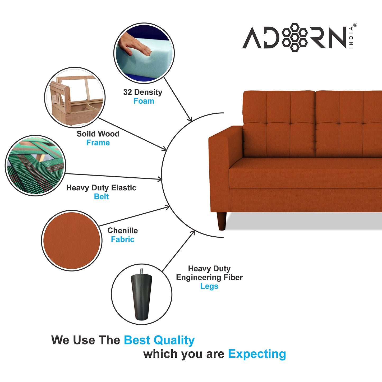 Adorn India Darcy 3 Seater Sofa (Beige) (3 Year Warranty)