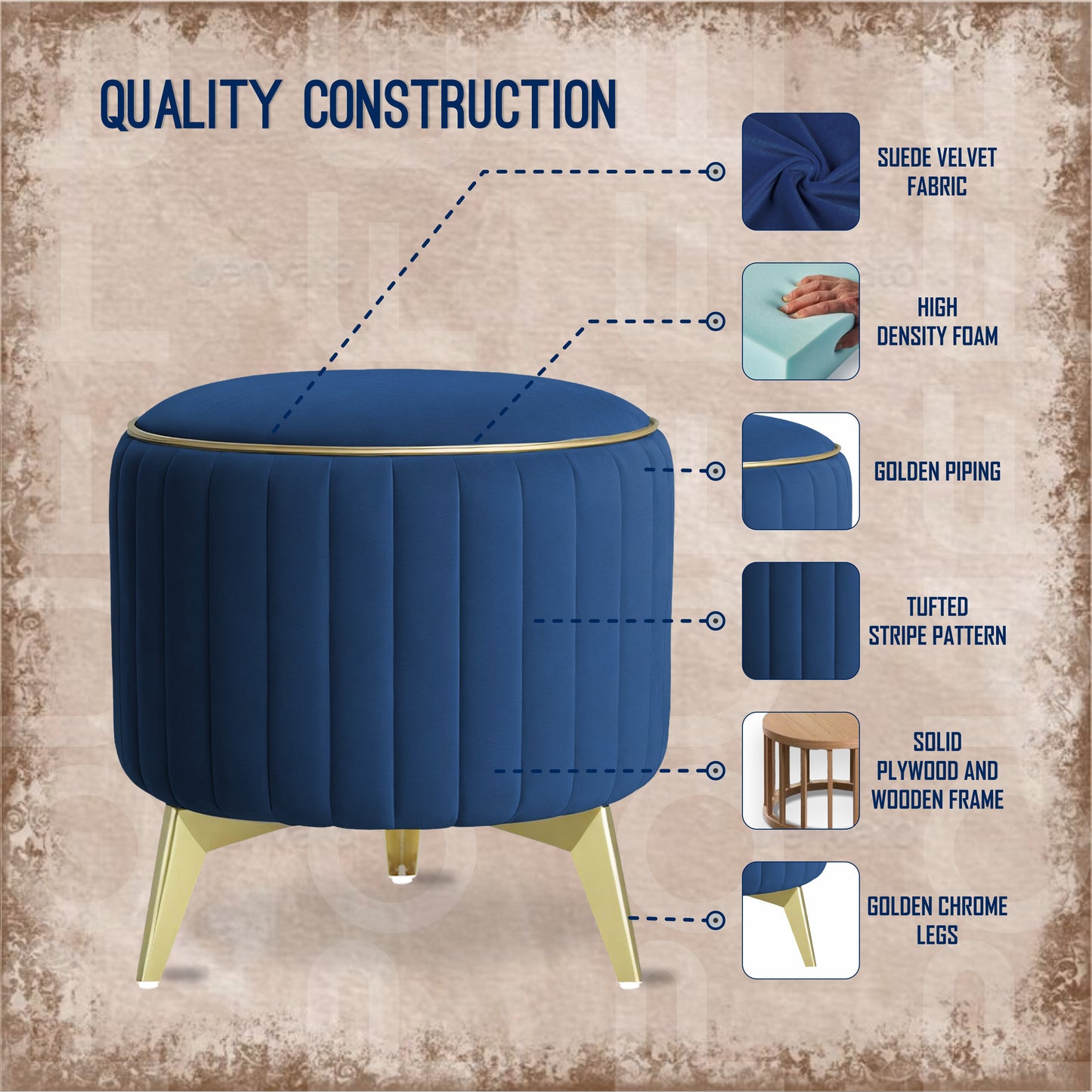 Adorn India Olivia Round 1 Seater Ottoman Pouffe Striped Pattern with Velvet Suede Fabric (Blue)