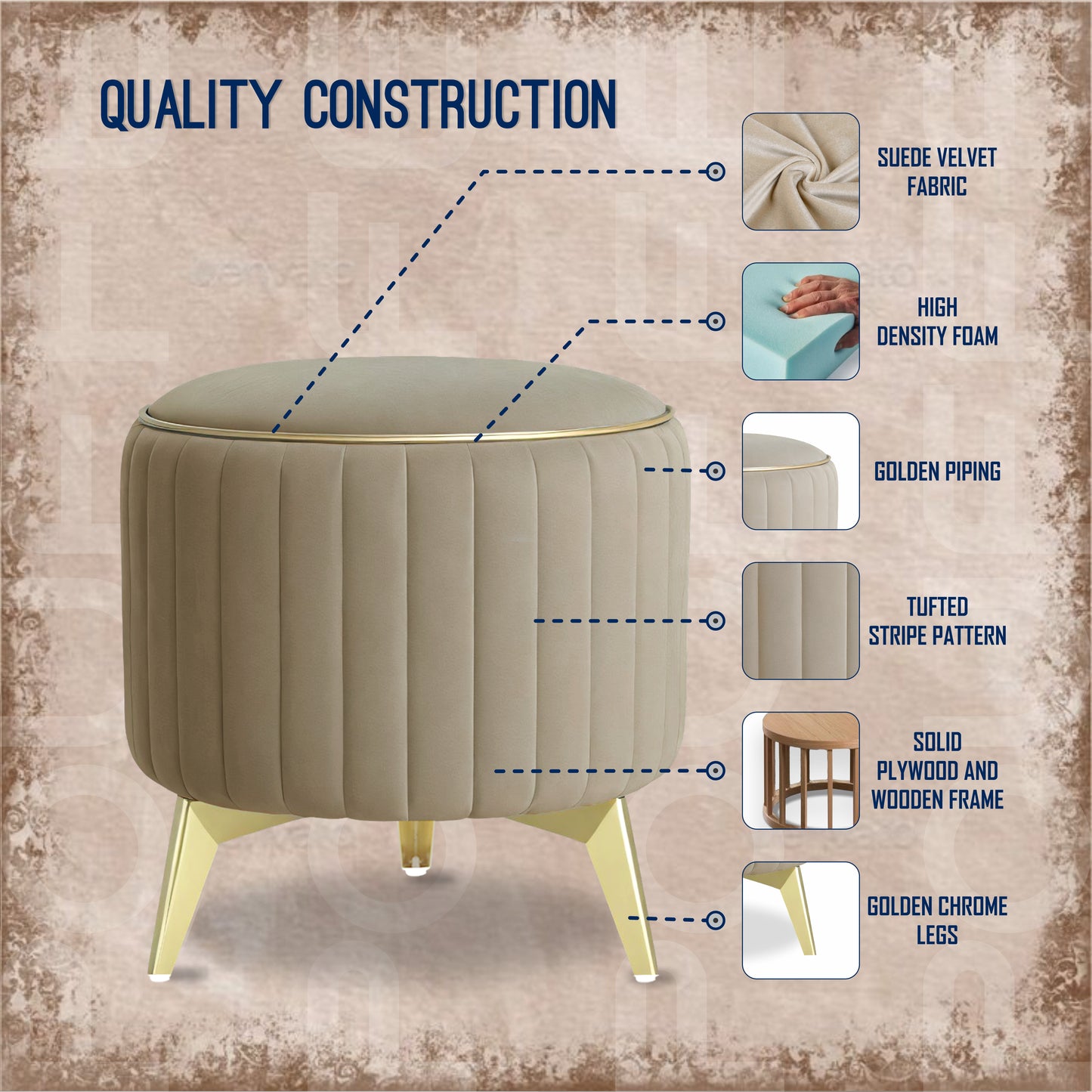 Adorn India Olivia Round 1 Seater Ottoman Pouffe Striped Pattern with Velvet Suede Fabric (Beige)