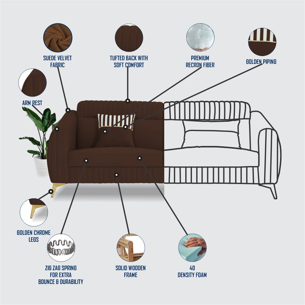 Adorn India Premium Valentino 3 Seater Sofa | Velvet Suede Fabric | 3-Year Warranty | Color Brown with Golden Legs & Striped Pattern Cushion