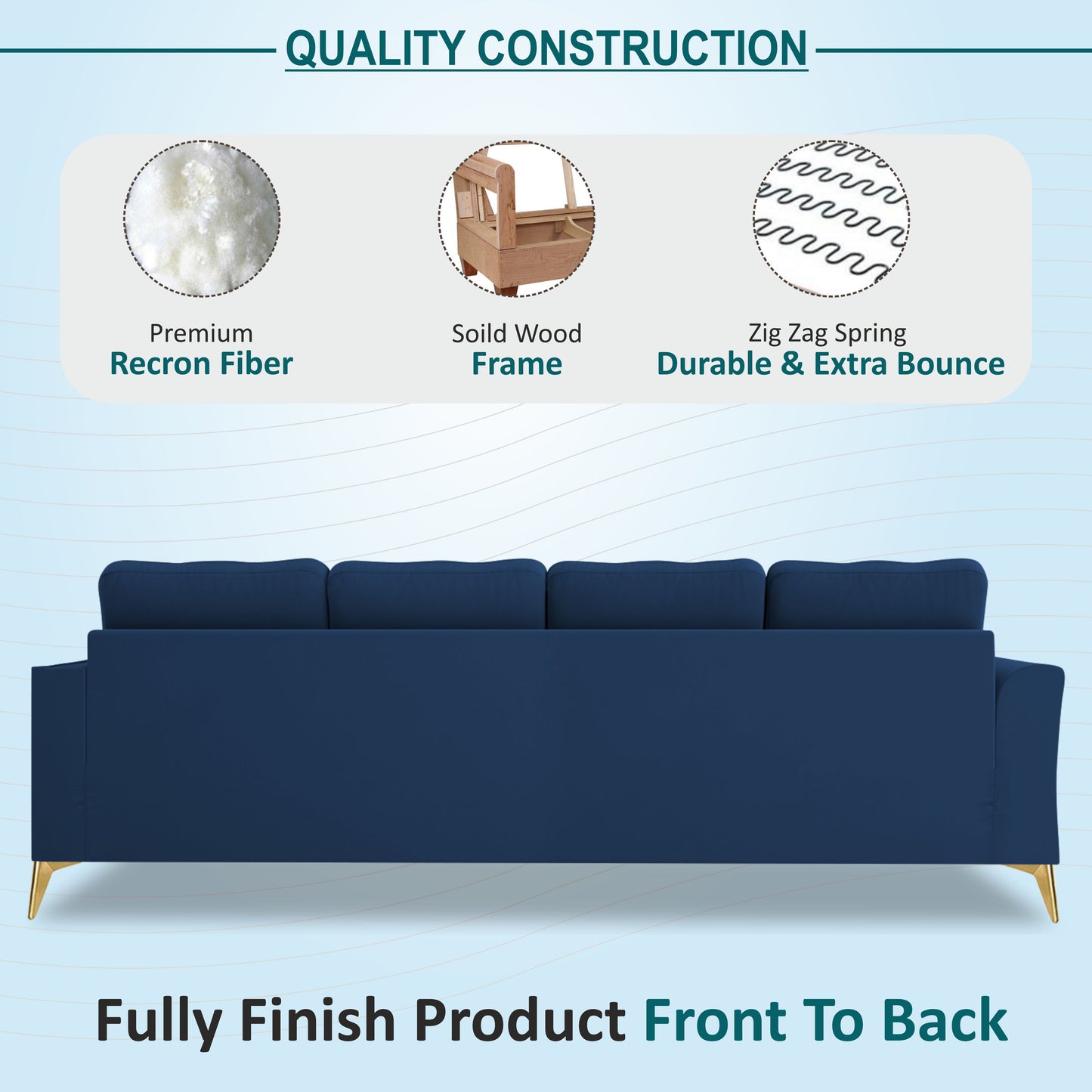 Adorn India Premium Maddox Tufted- 3 Years Warranty - L Shape 5 Seater Sofa Set -LHS-Velvet Suede Fabric -Blue