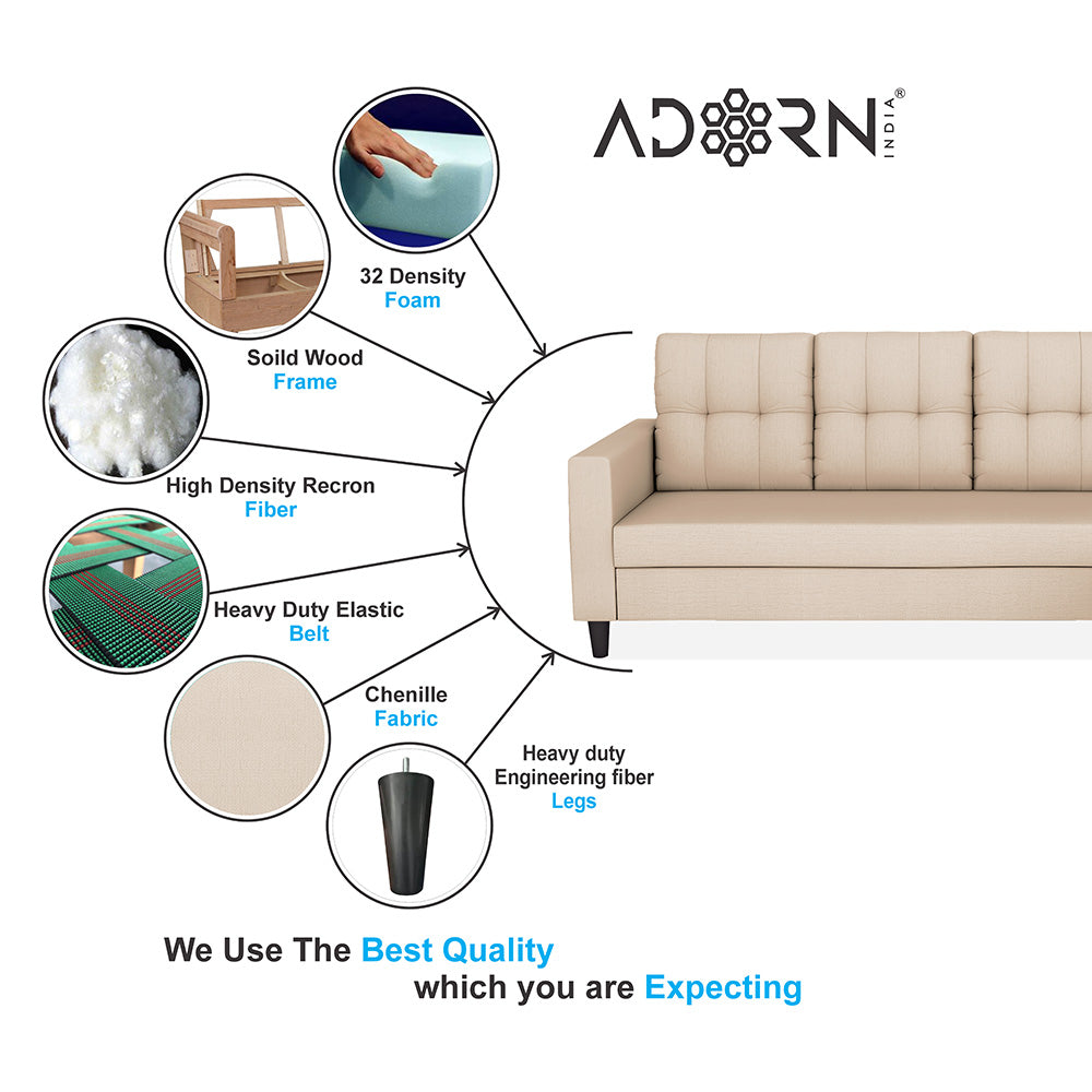 Adorn India Darcy L Shape 8 Seater Sofa Set with Center Table and 2 Ottoman Puffy (RHS) (Beige) (3 Year Warranty)