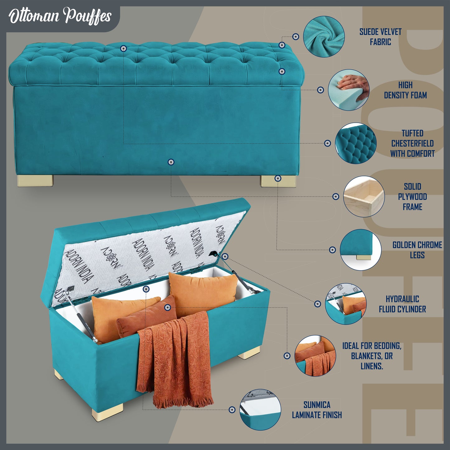 Adorn India Falcon Tufted 2 Seater Storage Ottoman Pouffe with Velvet Suede Fabric (Aqua Blue)