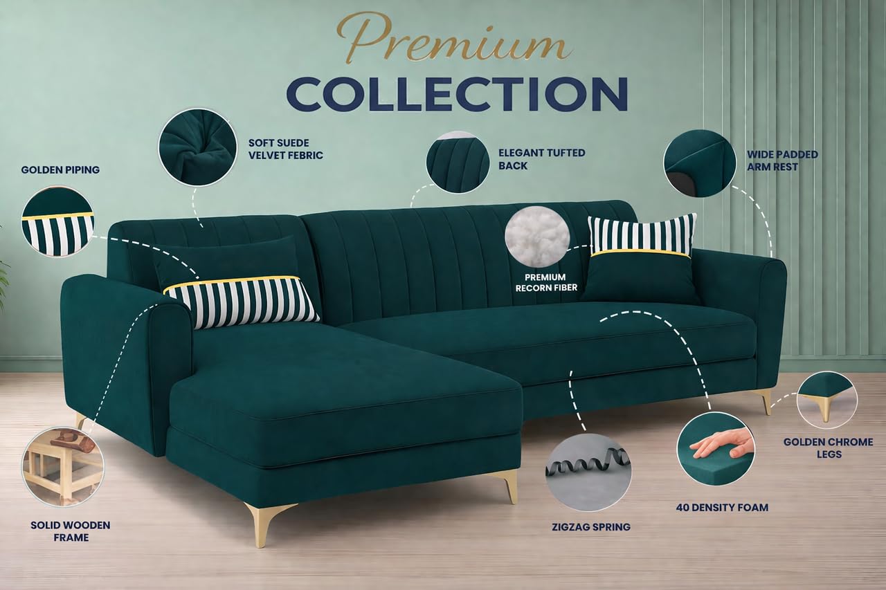 Adorn India Premium Luster 8 Seater L Shape Sofa Set with 2 Puffy & 1 Center Table | Velvet Suede Fabric | 3-Year Warranty | LHS | Ocean Blue with Golden Legs & Striped Pattern Cushion