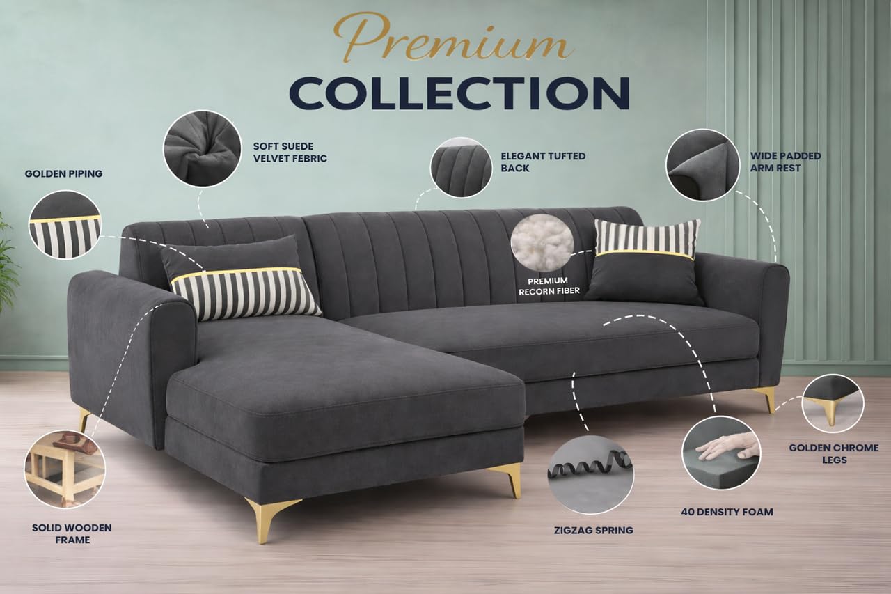 Adorn India Premium Luster 8 Seater L Shape Sofa Set with 2 Puffy & 1 Center Table | Velvet Suede Fabric | 3-Year Warranty | LHS | Dark Grey with Golden Legs & Striped Pattern Cushion