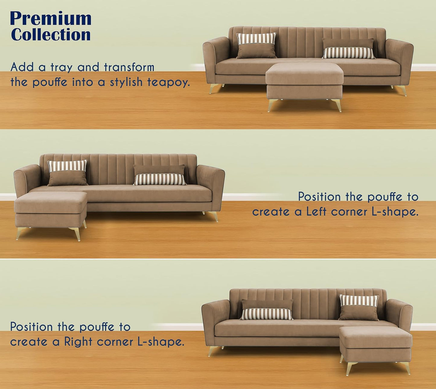 Adorn India Premium Luster 4 Seater L Shape Sofa Set | Velvet Suede Fabric | 3-Year Warranty | Color Camel with Golden Legs & Striped Pattern Cushion