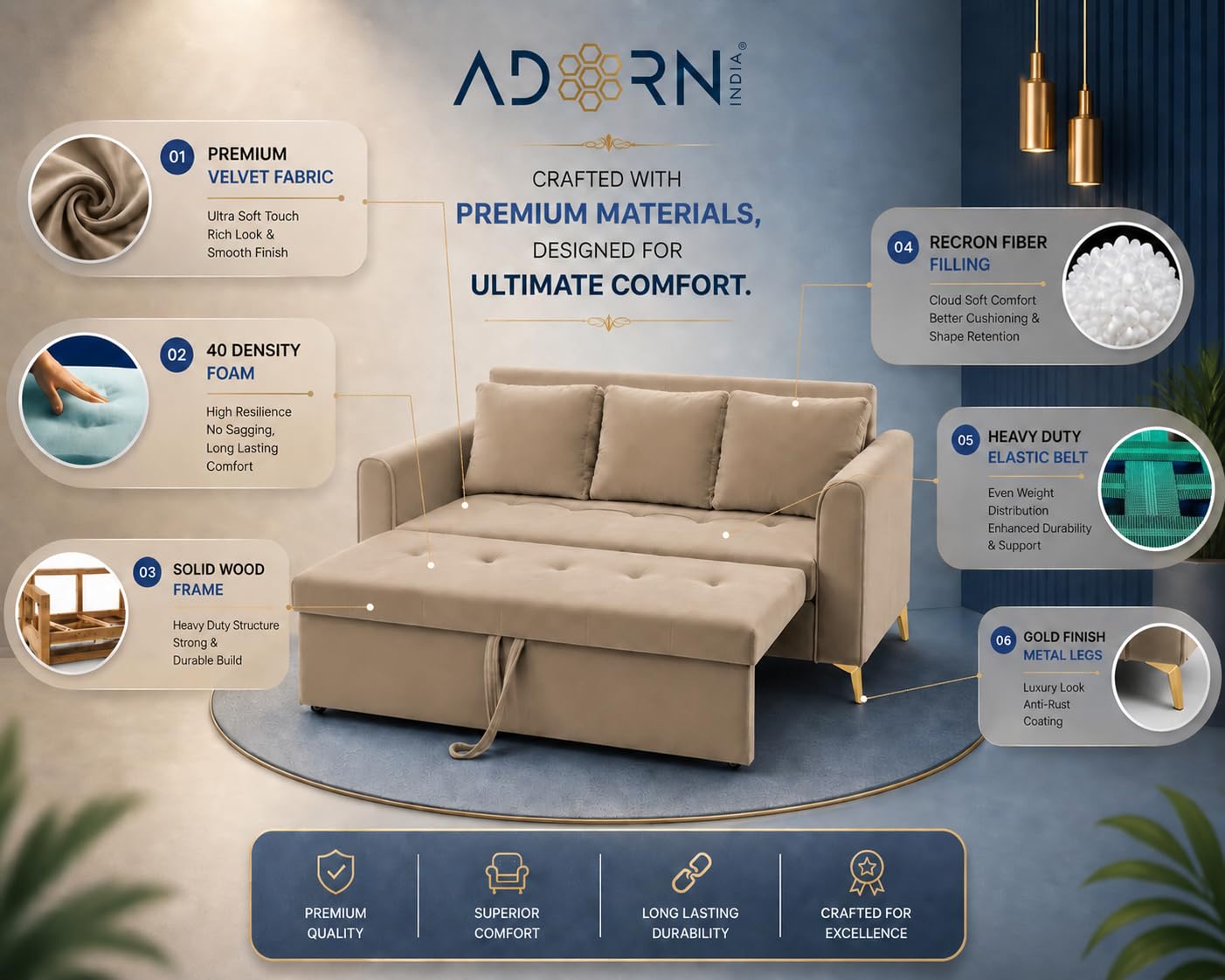 Adorn India Premium Mystic - 3 Years Warranty - 3 Seater Sofa Cum Bed Velvet Suede Fabric - Beige