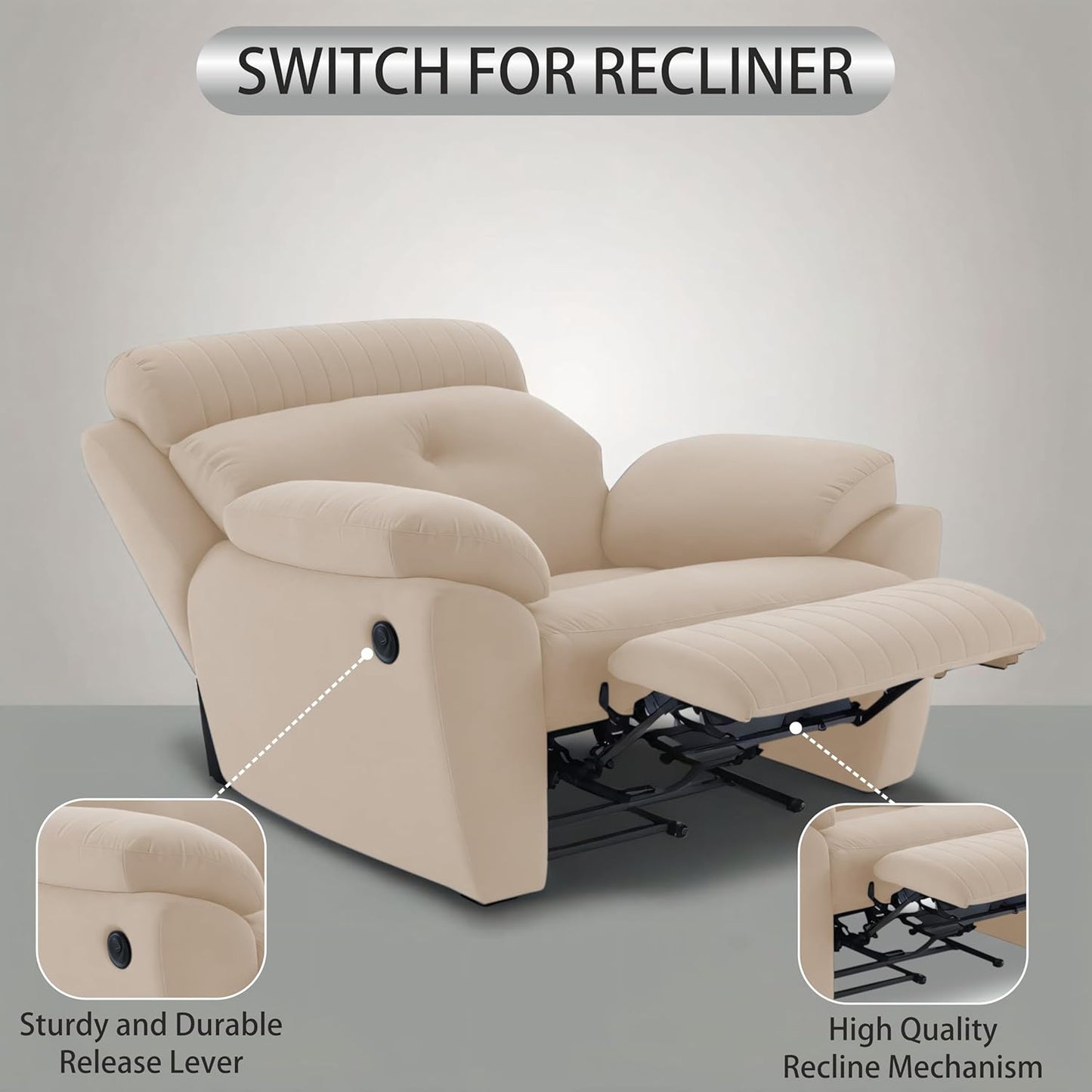 Adorn India Premium Majestic 1 Seater Recliner Manual Sofa Chair | Cream Suede Velvet Fabric | Soft Padded Back Rest & Handrest | Living Room Recliner Chair | 3 Years Warranty