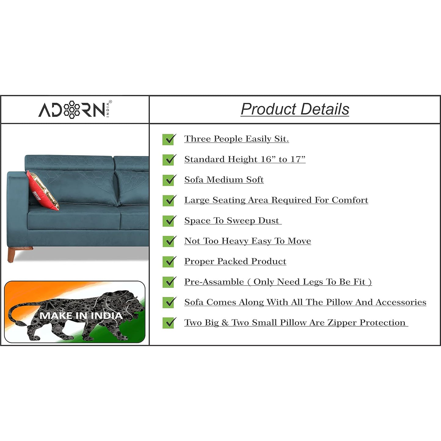 Adorn India Premium Pluto 3 Seater Sofa (Blue)