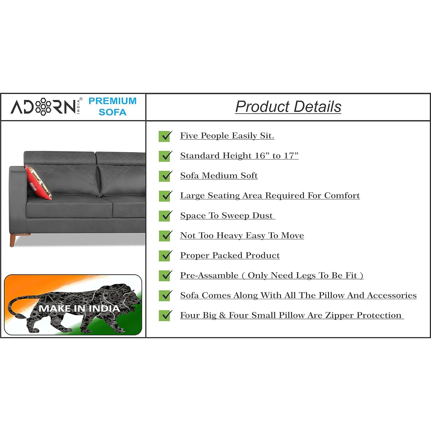 Adorn India Premium Pluto 3+2 Five Seater Sofa Set (Grey)