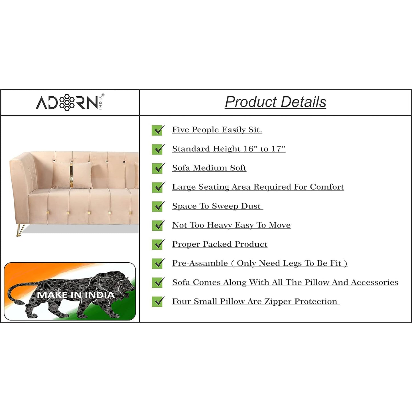 Adorn India Premium Lotus 3-1-1 5 Seater Sofa Set (Velvet Fabric Colour Beige)