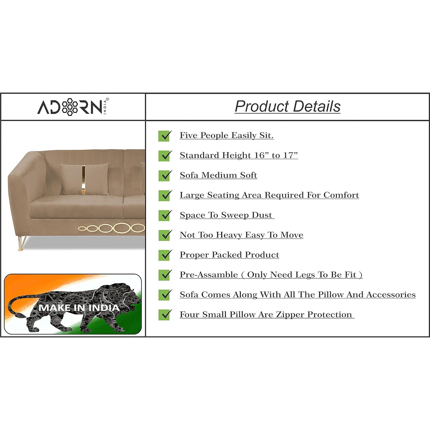 Adorn India Premium Camilla 3-1-1 5 Seater Sofa Set (Velvet Fabric Colour Camel)