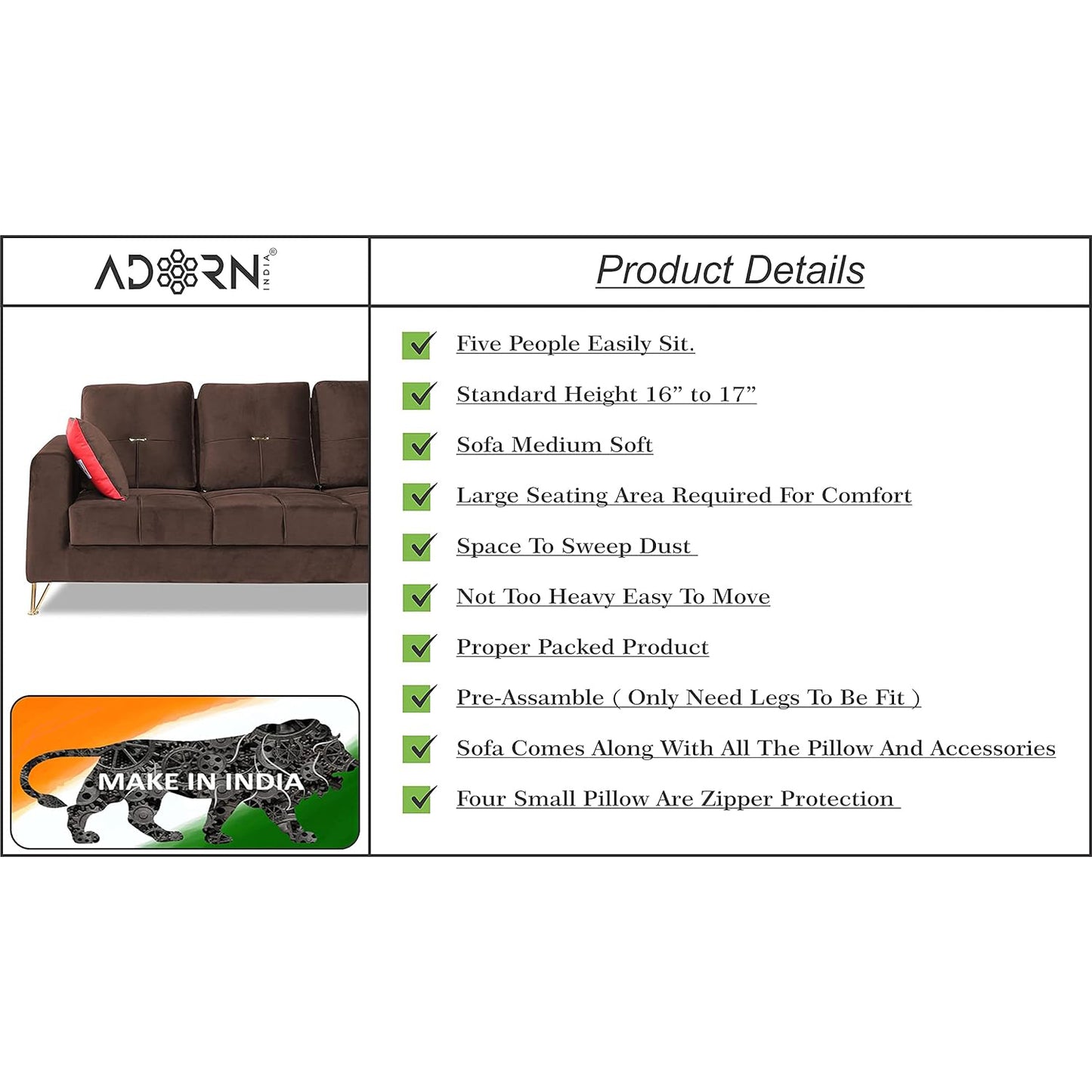 Adorn India Premium Morgan 3-2 5 Seater Sofa Set (Velvet Fabric Colour Brown)