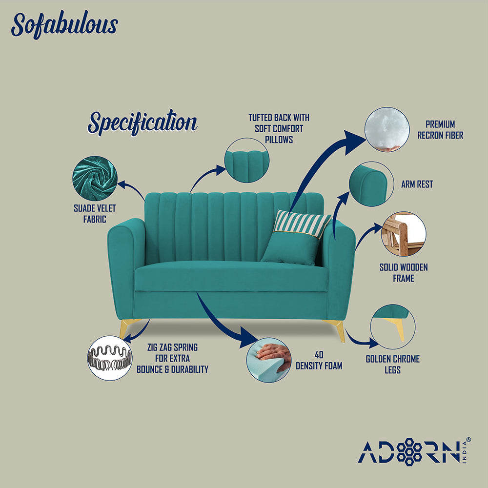 Adorn India Premium Luster 2 Seater | Velvet Suede Fabric | 3-Year Warranty | Color Aqua Blue with Golden Legs & Striped Pattern Cushion