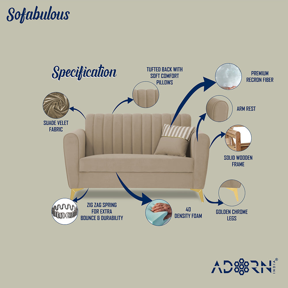 Adorn India Premium Luster 2 Seater | Velvet Suede Fabric | 3-Year Warranty | Color Beige with Golden Legs & Striped Pattern Cushion