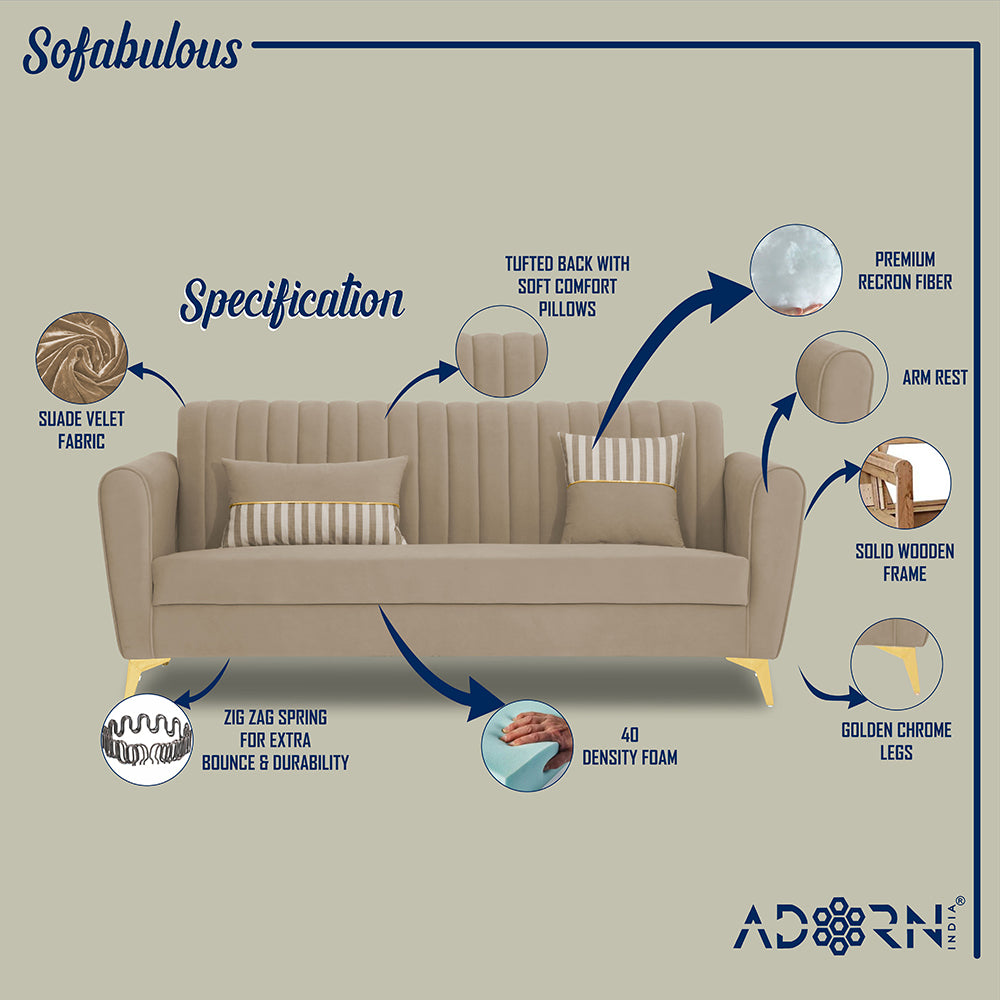 Adorn India Premium Luster 3 Seater | Velvet Suede Fabric | 3-Year Warranty | Color Beige with Golden Legs & Striped Pattern Cushion
