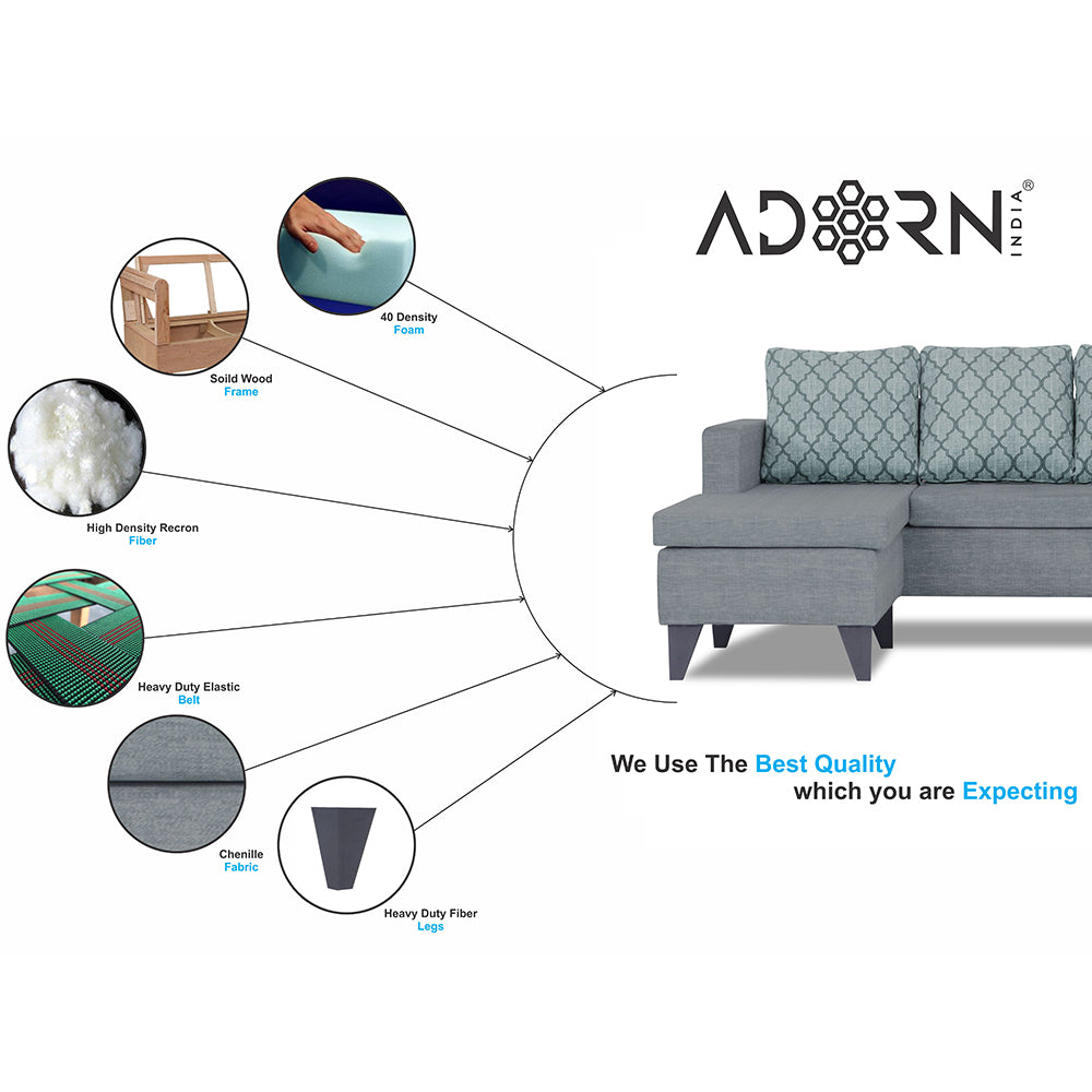 Adorn India Dorothy Blossom L Shape 5 Seater Sofa Set (Left Hand Side) (Grey) (3 Year Warranty)