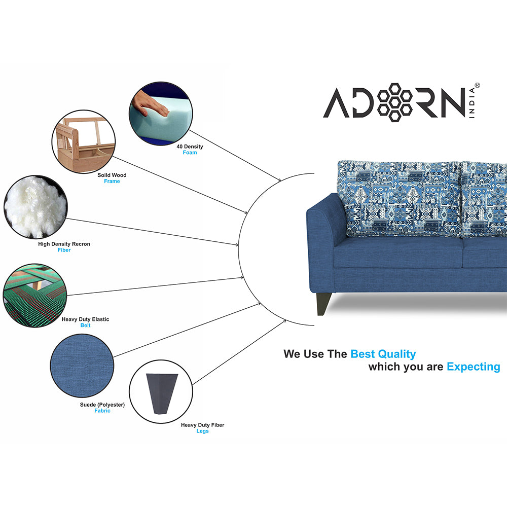 Adorn India Cortina Damask 3+2 5 Seater Sofa Set with Centre Table (Blue)