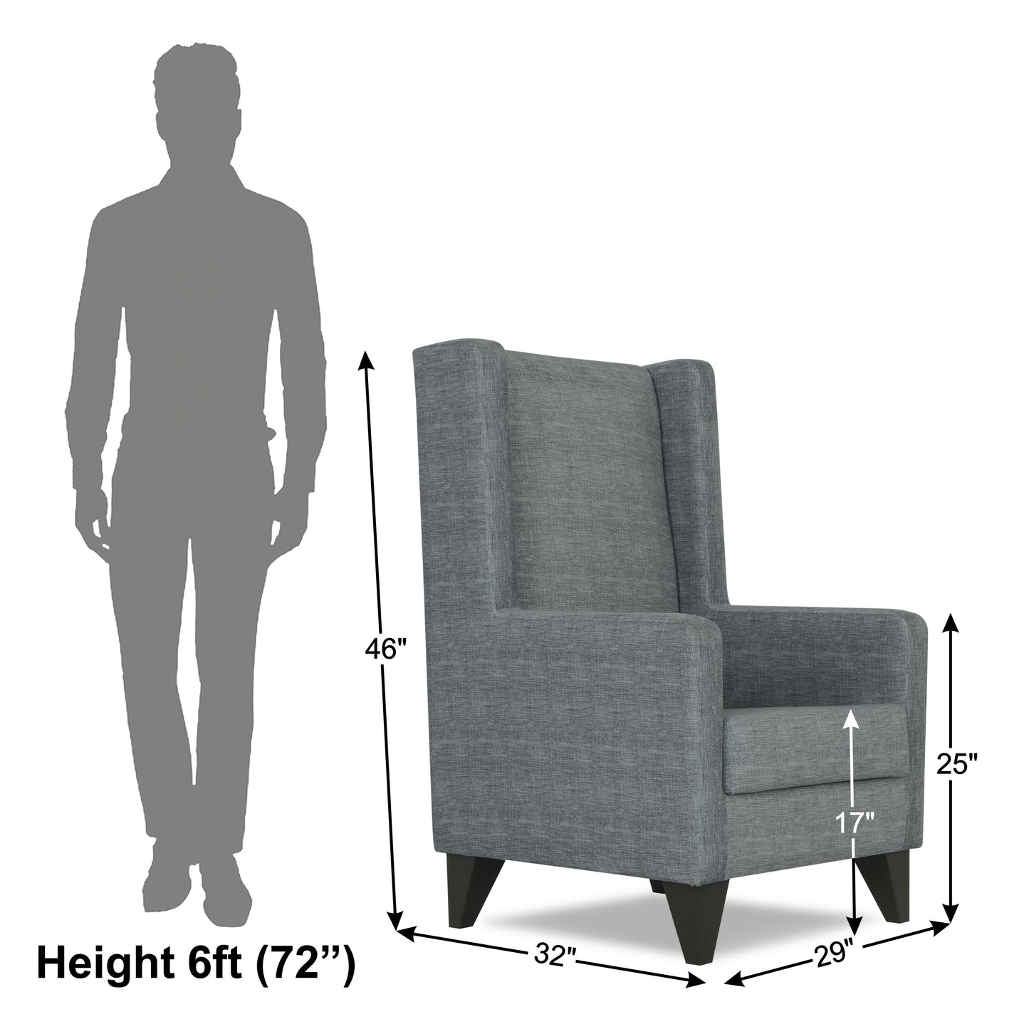 Adorn India Christopher 1 Seater Wing Chair Decent with Puffy (Grey)