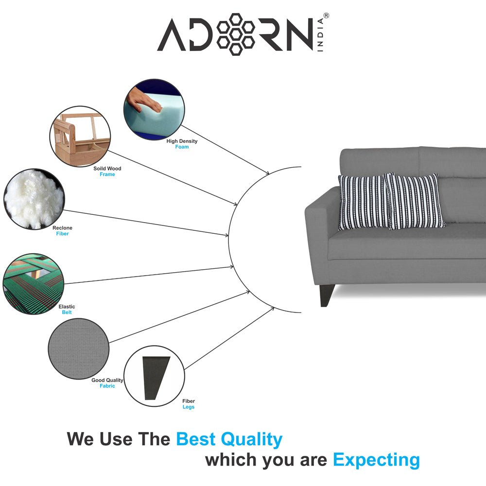 Adorn India Cardello 3 Seater Sofa (Grey) (3 Year Warranty)