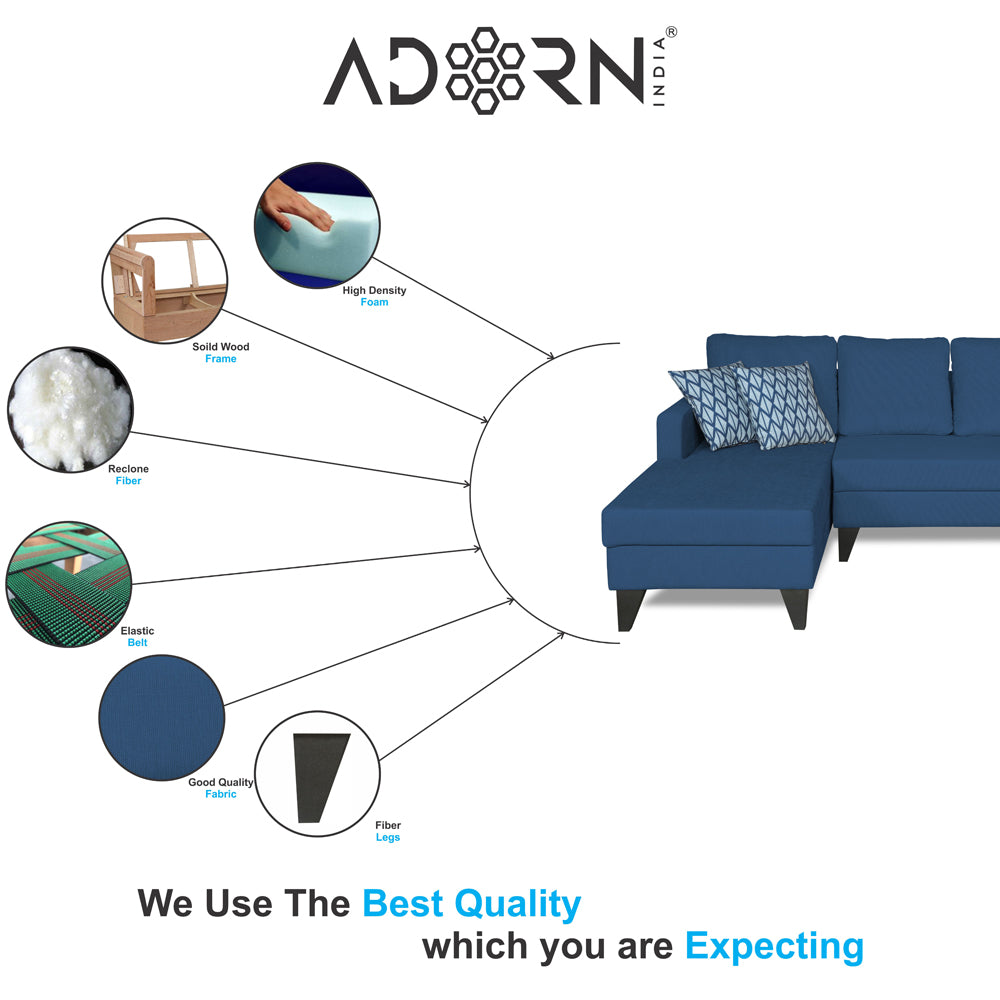 Adorn India Hallton L Shape Decent Sofa Set 7 Seater with Ottoman (Left Side) (Blue) (3 Year Warranty)