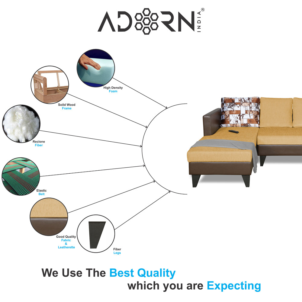 Adorn India Ashley L Shape 6 Seater Sofa Set Leatherette Fabric Digitel Print (Left Hand Side) (Brown & Beige) (3 Year Warranty)