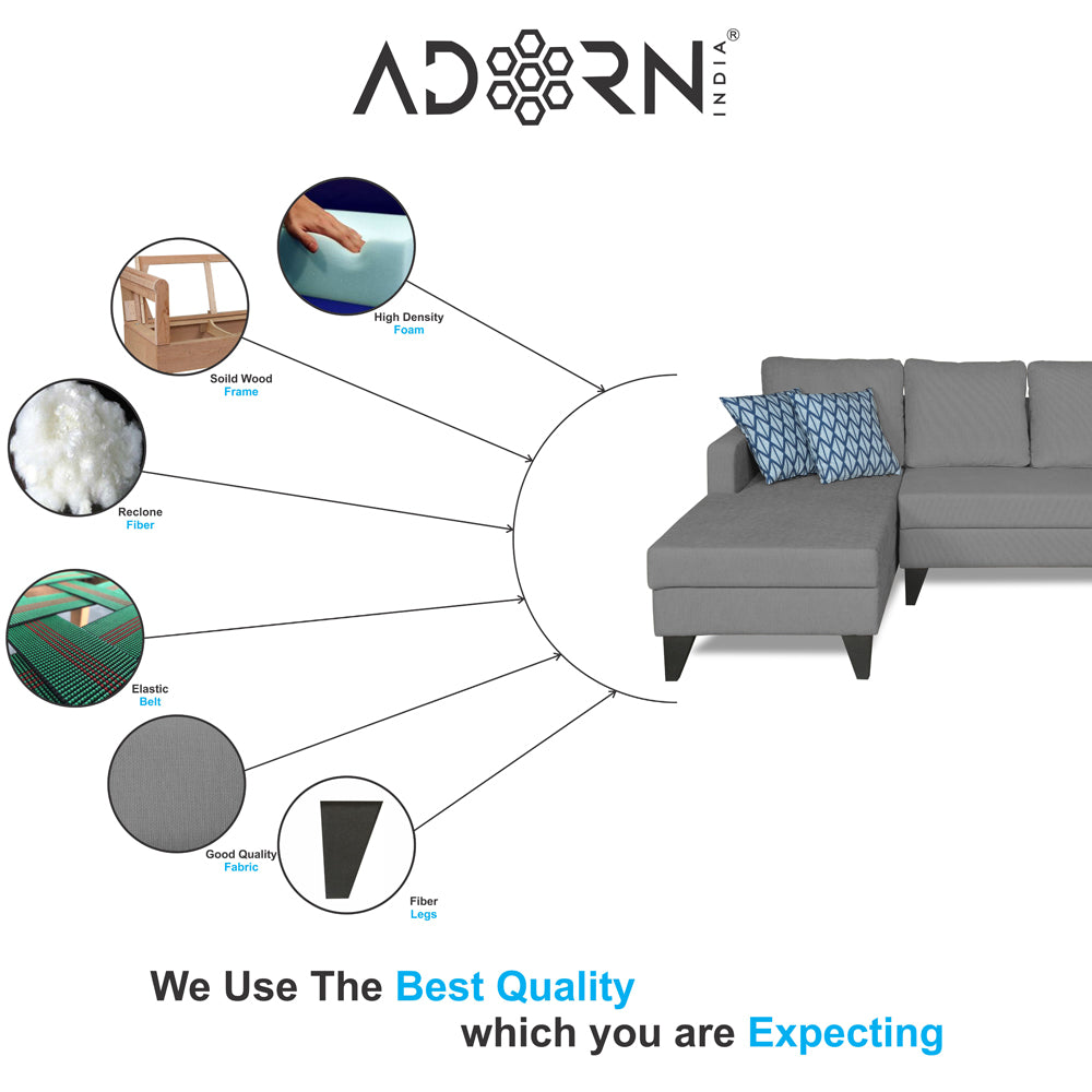 Adorn India Hallton L Shape Decent Sofa Set 7 Seater with Ottoman (Left Side) (Grey) (3 Year Warranty)