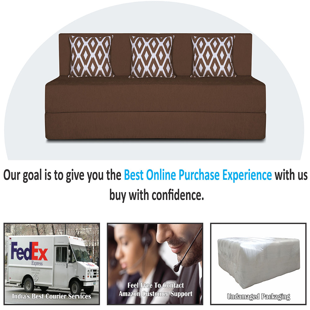 Adorn India Easy 3 Seater Sofa Cum Bed (Rhombus Pattern) Chennile Fabric - Washable Cover - Including 3 Cushion - Size 5' x 6' Ft (Brown Color) Perfect for Home & Office for Guests
