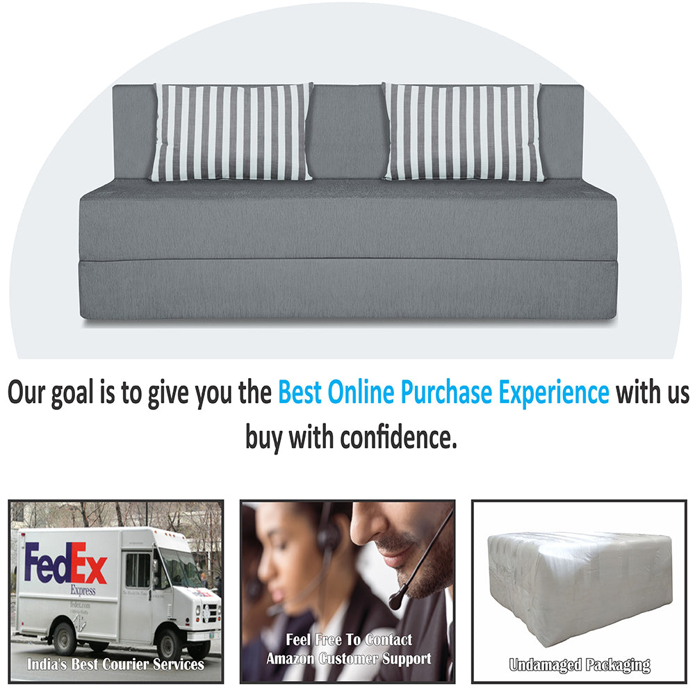 Adorn India Easy Alyn Plus Stripes 4 Seater Sofa Cum Bed (6x6, Grey) (Wood) 4-Person Sofa