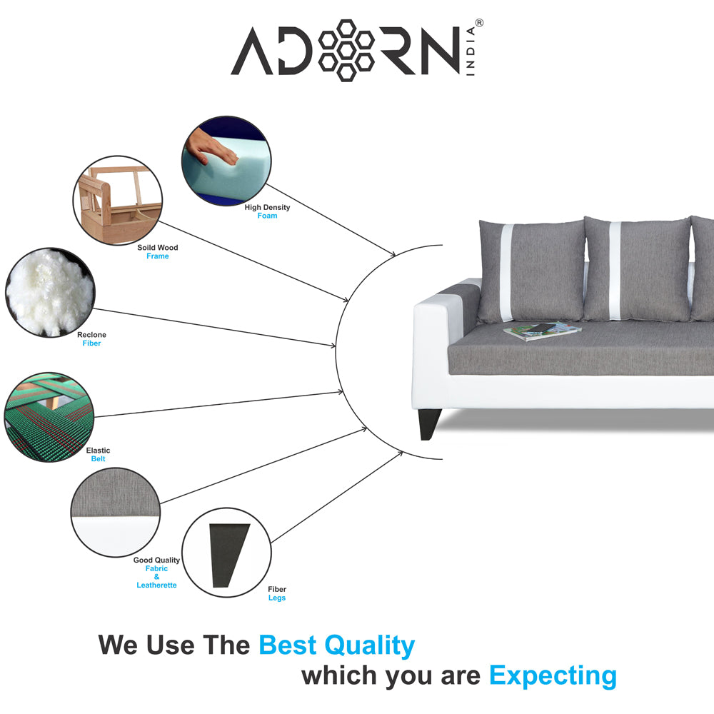 Adorn India Ashley Leatherette Fabric L Shape 6 Seater Sofa Set Stripes (Right Hand Side) (Grey & White) (3 Year Warranty)
