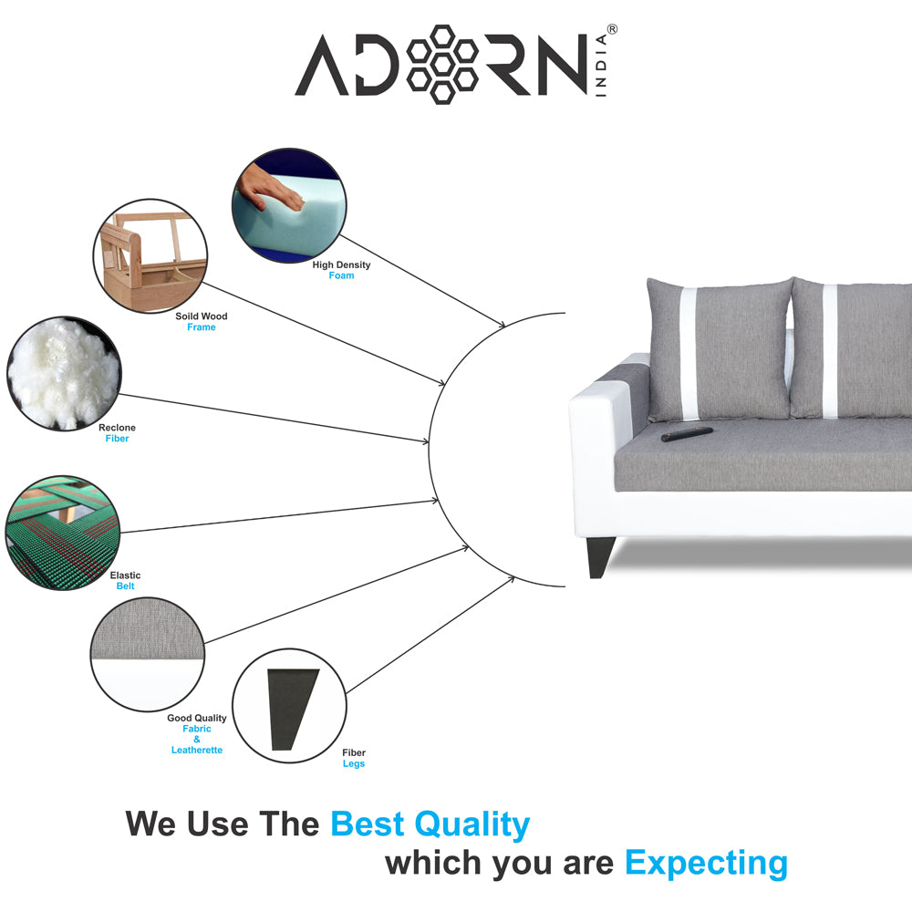 Adorn India Ashley Stripes Leatherette Fabric 3-2-1 Six Seater Sofa Set (Grey & White) (3 Year Warranty)
