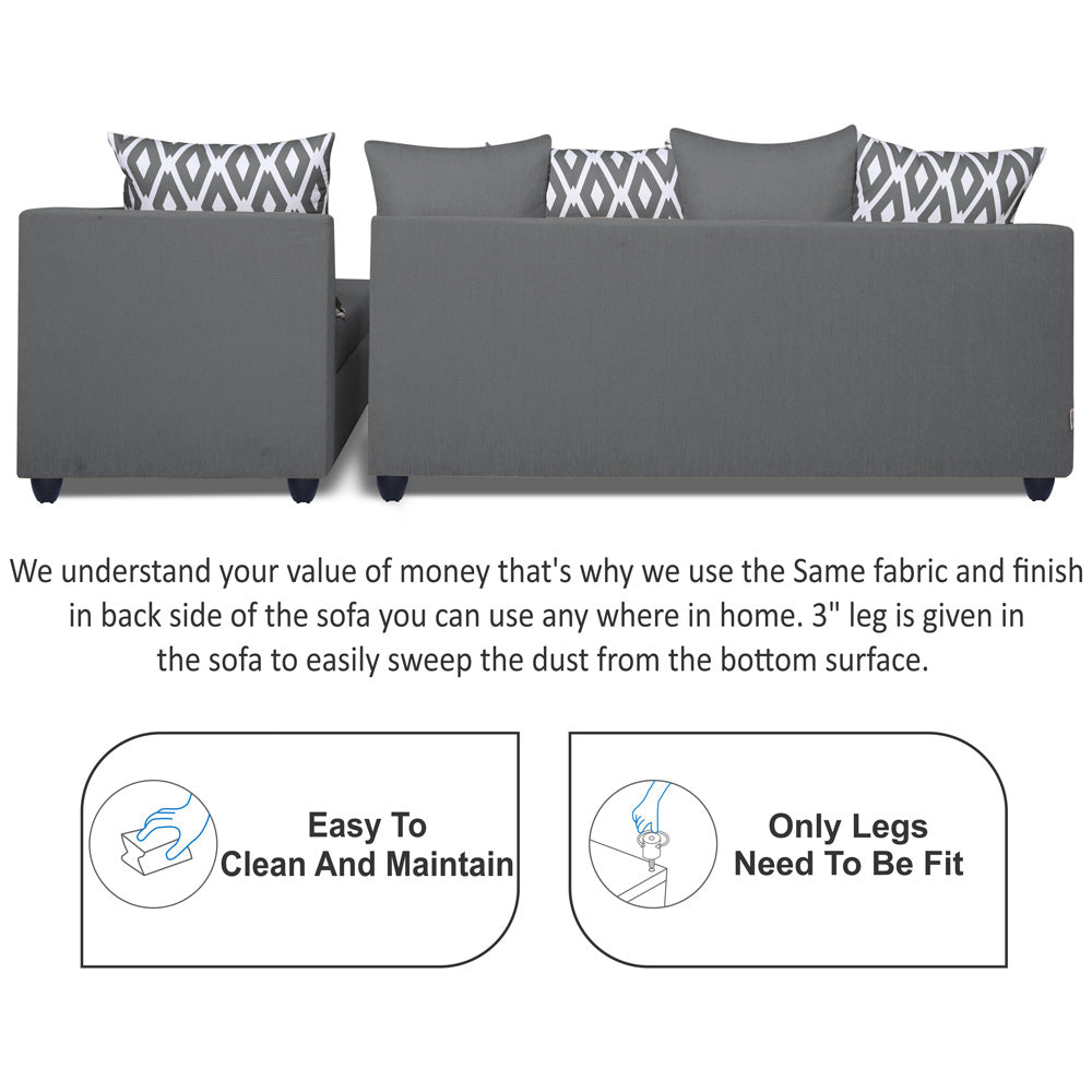 Adorn India Zink Straight Line L Shape 6 Seater Sofa Set Rhombus Cushion (Right Hand Side) (Grey)