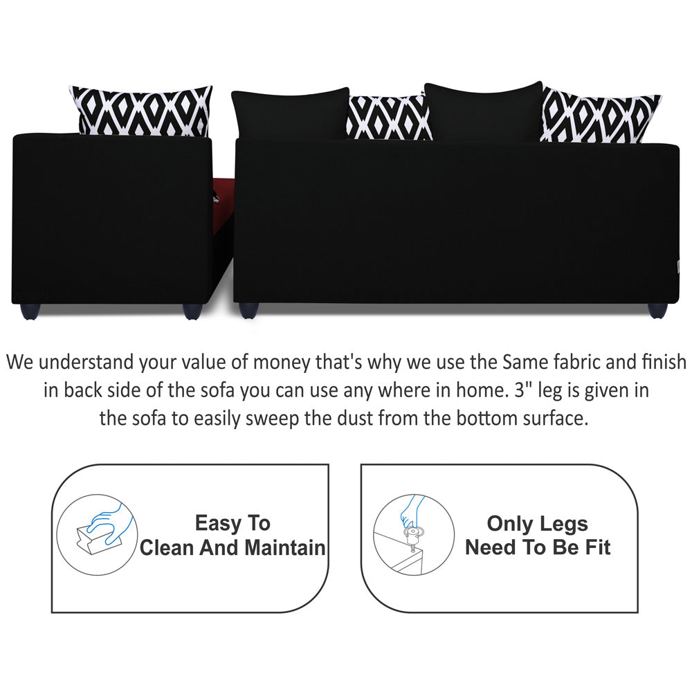 Adorn India Zink Straight line L Shape 5 Seater Sofa Rhombus Cushion(Maroon & Black), Wood, Foam