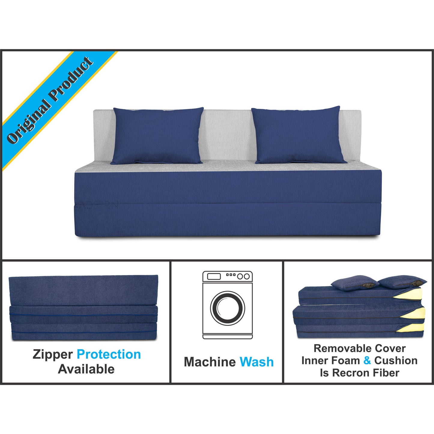 Adorn India Easy 4 Seater Sofa Cum Bed (2 Years Warrenty Quality Foam)-Perfect for Seat & Sleep Washeble Polyster Fabric Cover (Blue & Grey) 6'x6'.Pillows Free (1 Year Warranty)