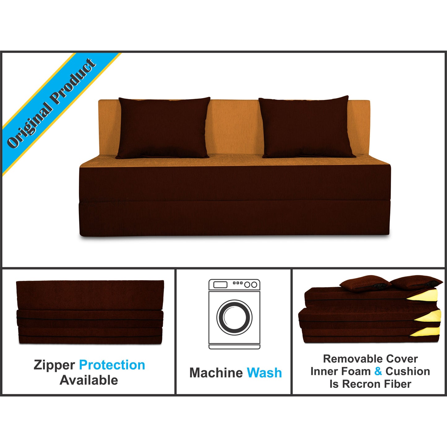 Adorn India Easy 3 Seater Sofa Cum Bed (2 Years Warrenty Quality Foam)-Perfect for Seat & Sleep Washeble Polyster Fabric Cover (Camel & Brown) 5'x6'.Pillows Free (1 Year Warranty)