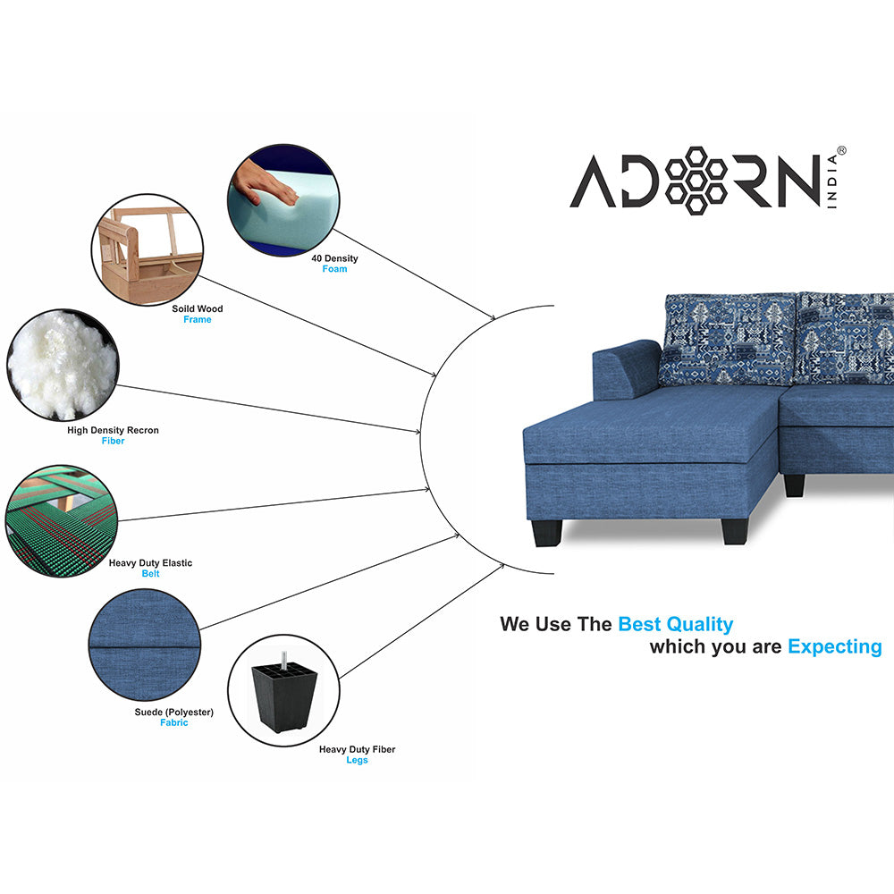 Adorn India Raiden Crafty L Shape 6 Seater Sofa Set with Center Table (Left Hand Side) (Blue) (3 Year Warranty)
