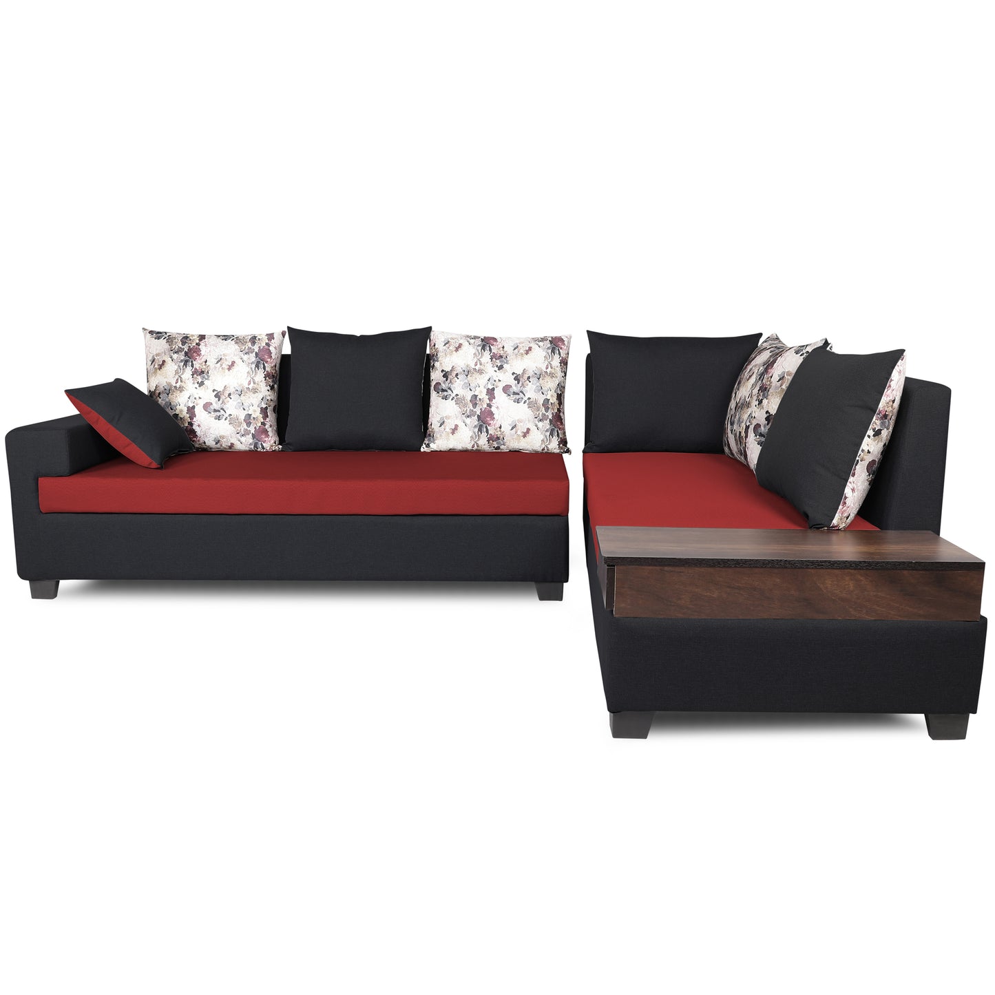 Adorn India Orlando Fabric L Shape Sofa (Black) ack and Maroon