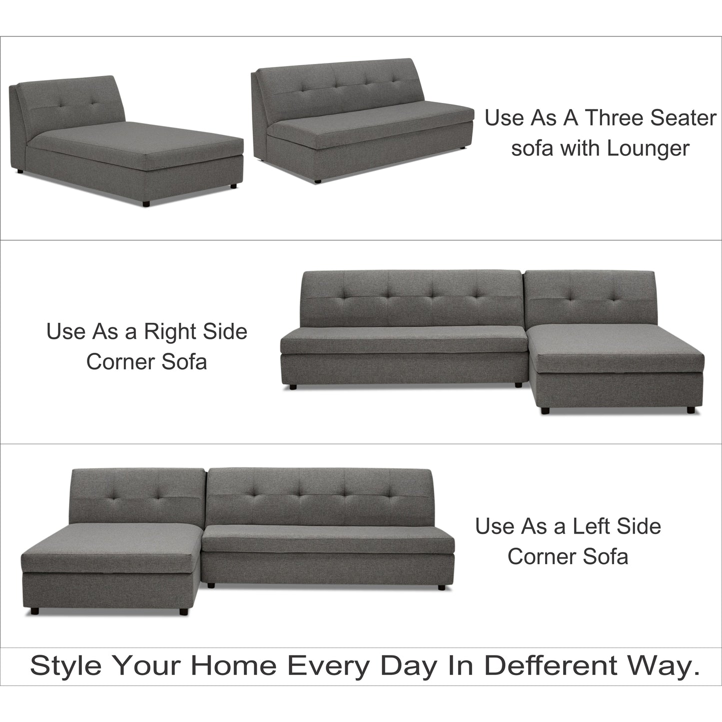 Adorn India Atlas Wood Modular Sofa Set (Light Grey) (3 Year Warranty)