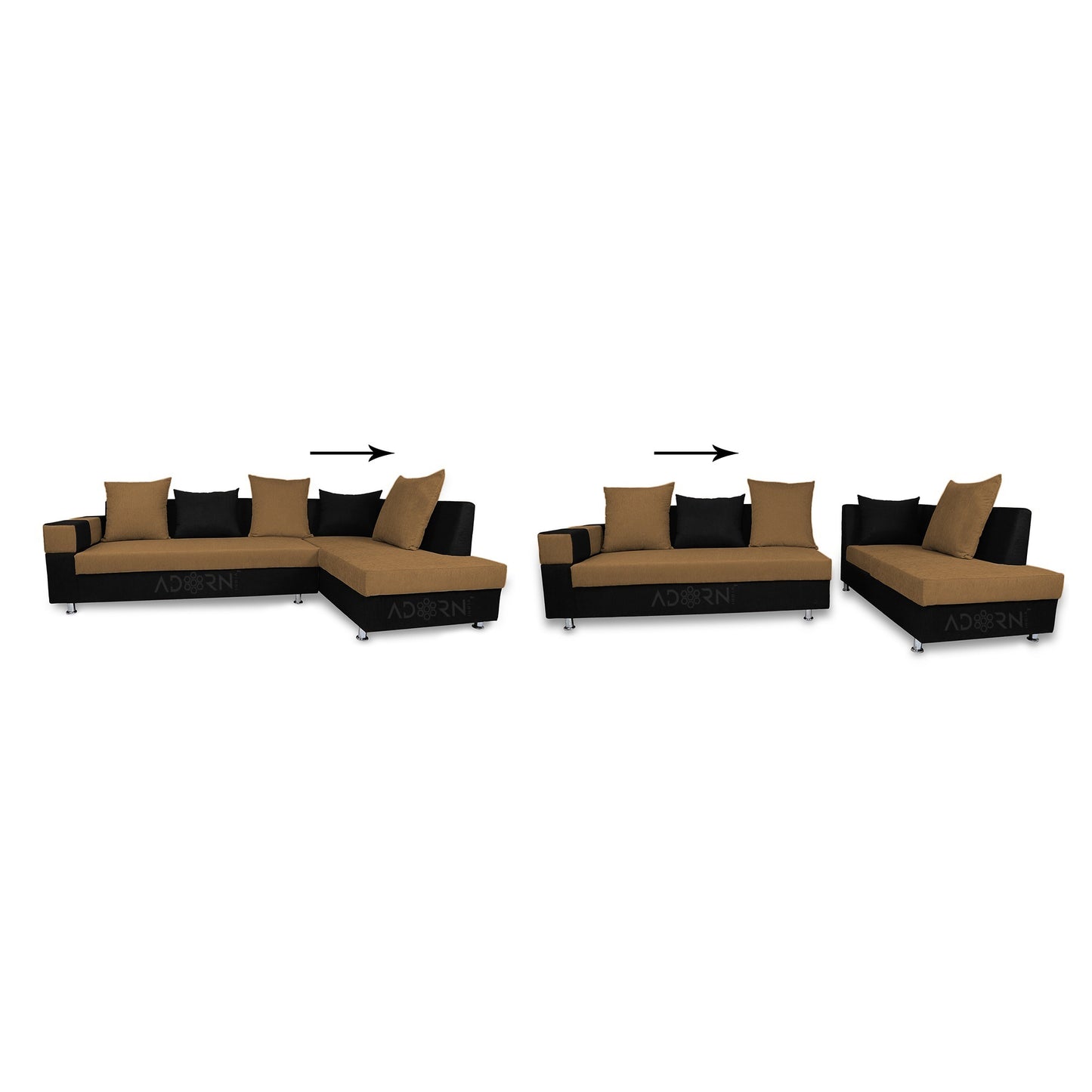 Adorn India Adillac 5 Seater Corner Sofa(Camel & Black), Wood, Foam