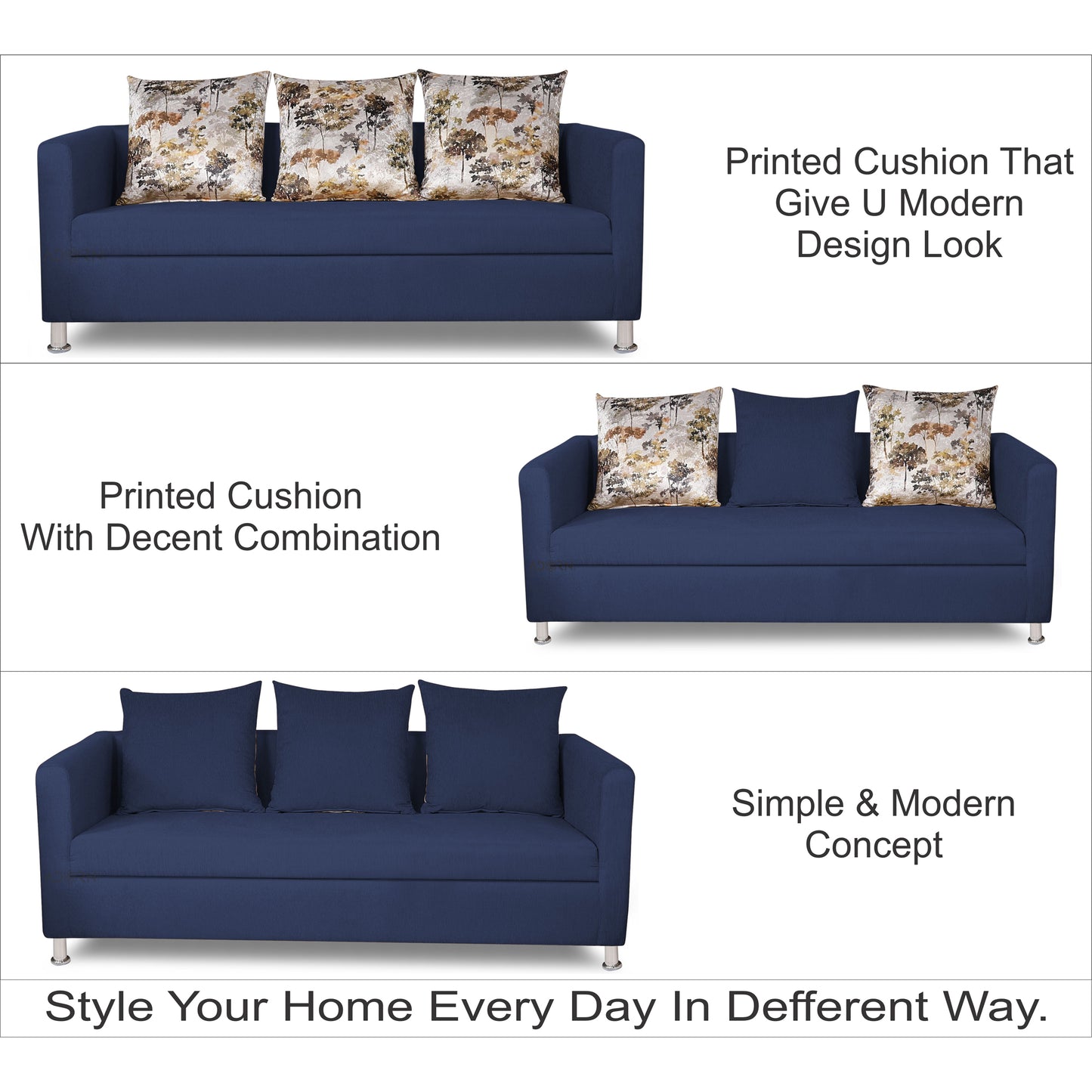 Adorn India Alita 3 Seater Compact Sofa (Blue)
