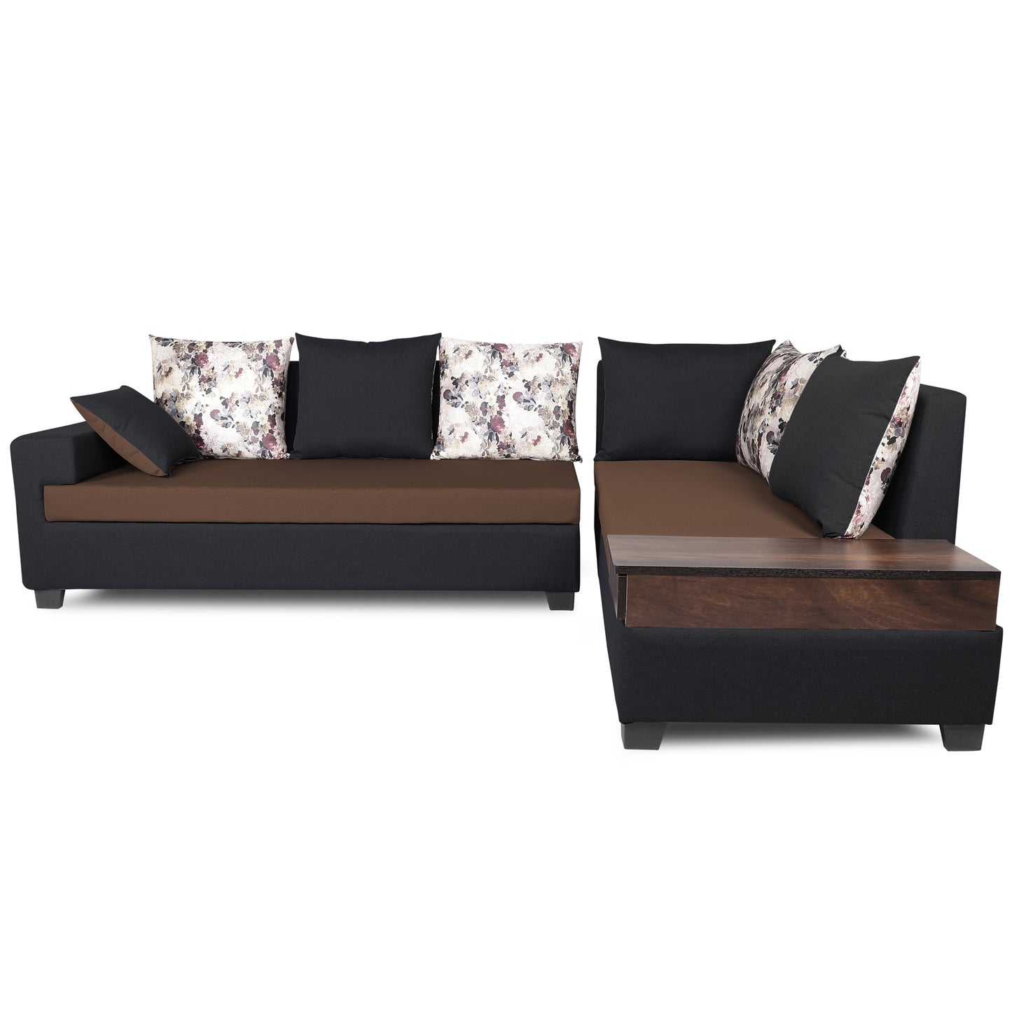 Adorn India Orlando Fabric L Shape 6 seater Sofa set (Black & Brown)
