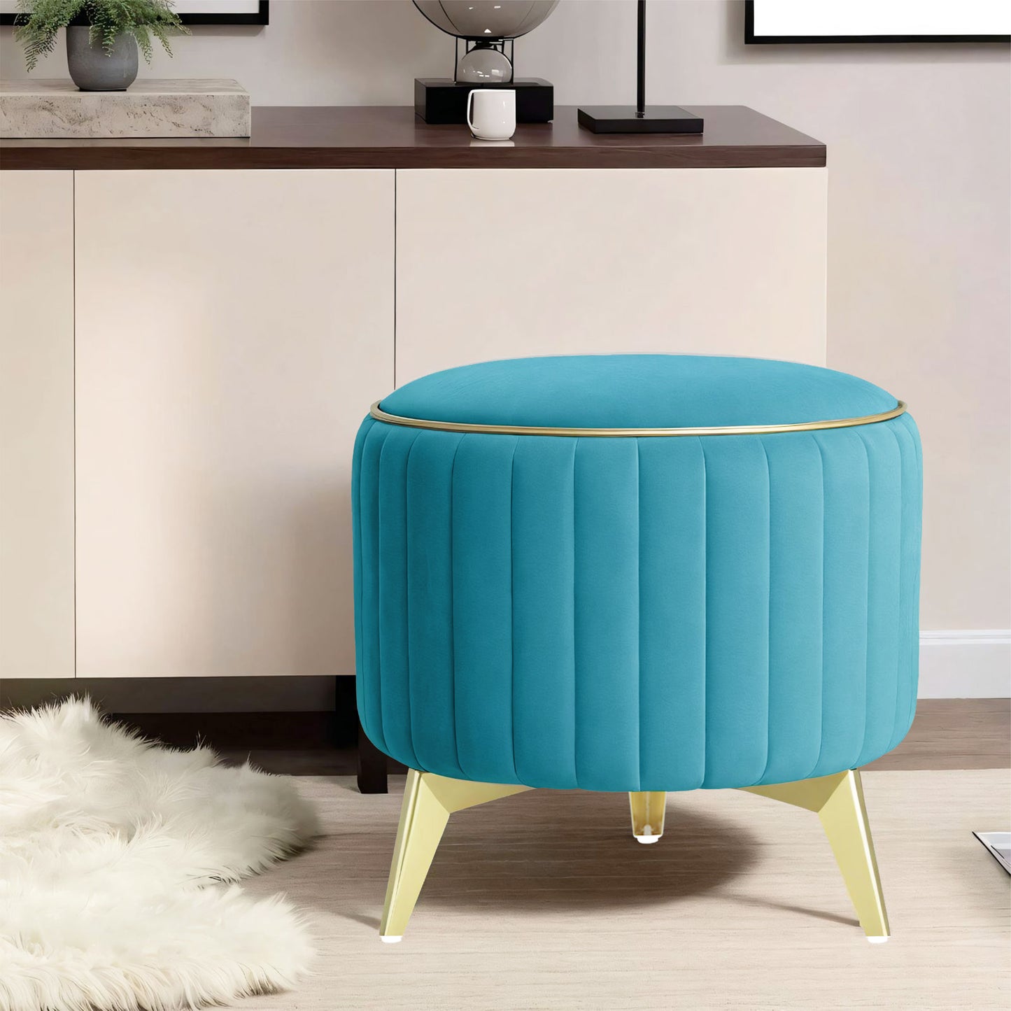 Adorn India Olivia Round 1 Seater Ottoman Pouffe Striped Pattern with Velvet Suede Fabric (Aqua Blue)