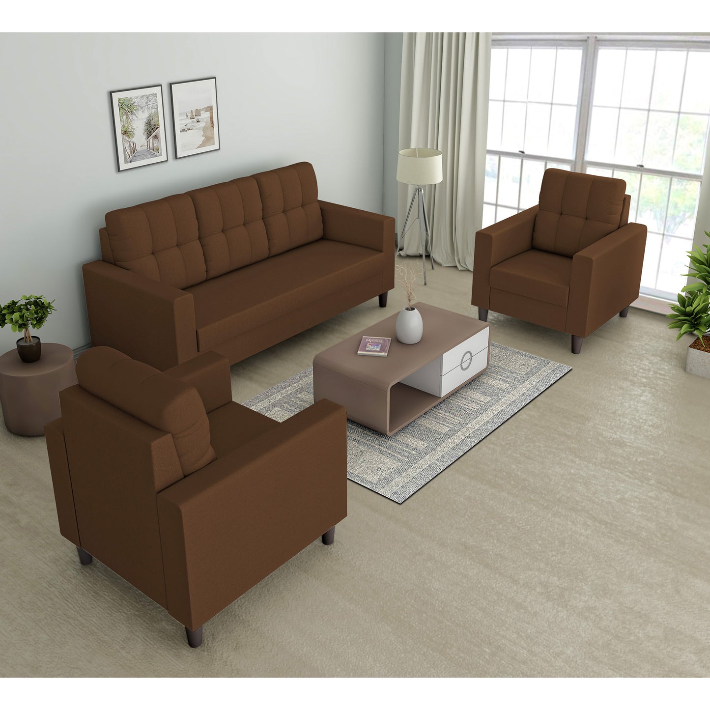 Adorn India Darcy 3+1+1 5 Seater Sofa Set (Beige) (3 Year Warranty)