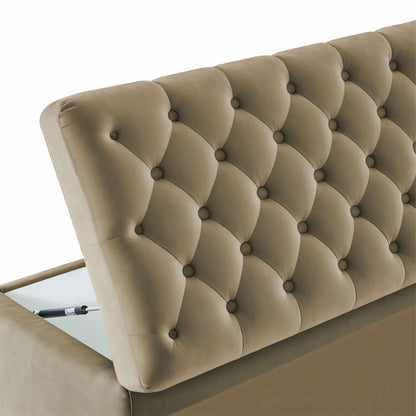 Adorn India Falcon Tufted 2 Seater Storage Ottoman Pouffe with Velvet Suede Fabric (Beige)