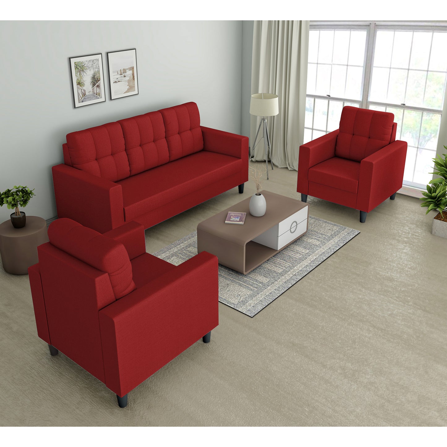 Adorn India Darcy 3+1+1 5 Seater Sofa Set (Beige) (3 Year Warranty)
