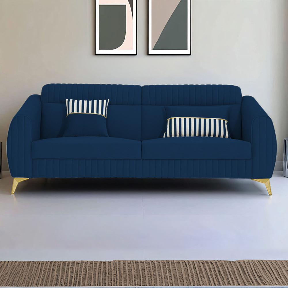 Adorn India Premium Valentino 3 Seater Sofa | Velvet Suede Fabric | 3-Year Warranty | Color Blue with Golden Legs & Striped Pattern Cushion