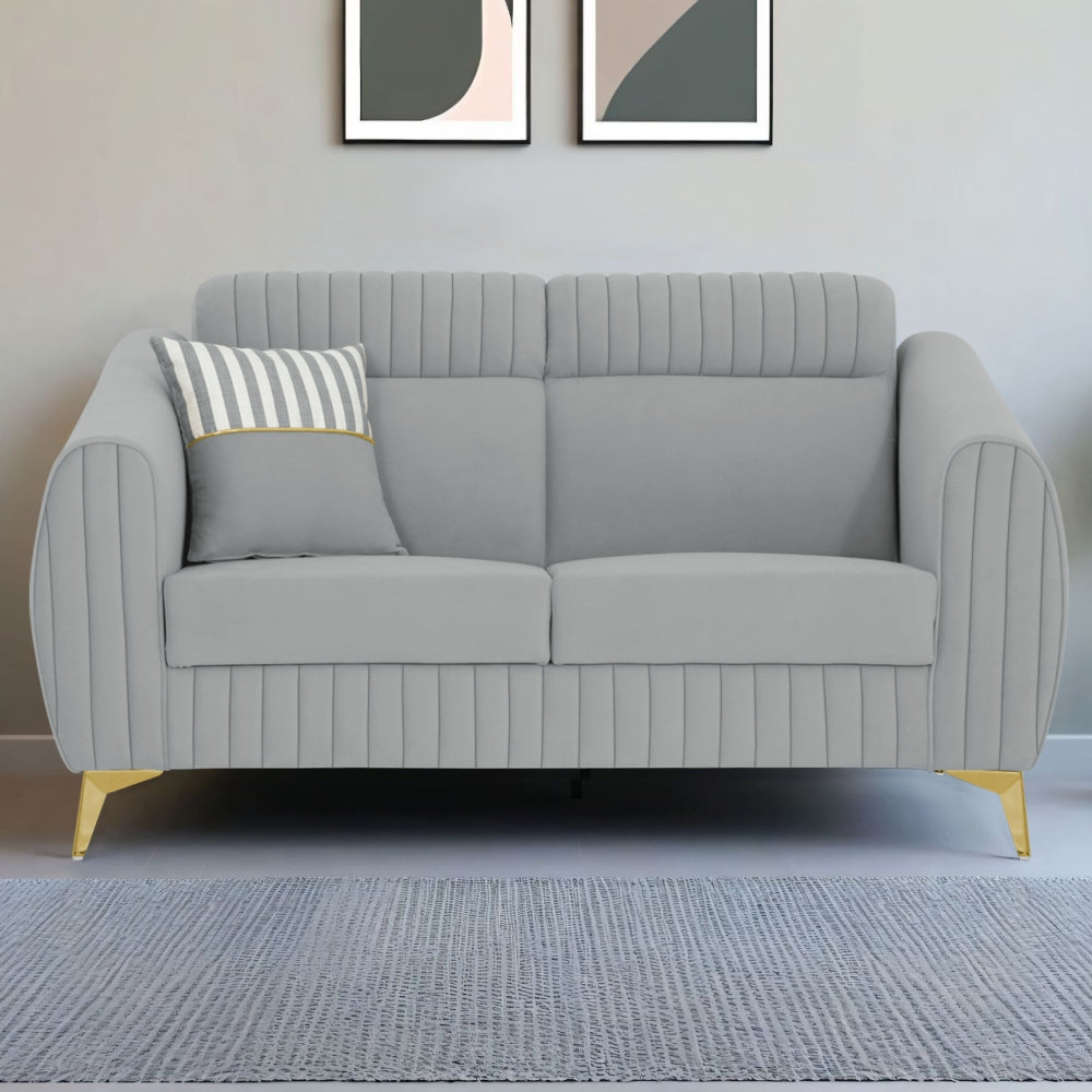 Adorn India Premium Valentino 2 Seater Sofa | Velvet Suede Fabric | 3-Year Warranty | Color Grey with Golden Legs & Striped Pattern Cushion