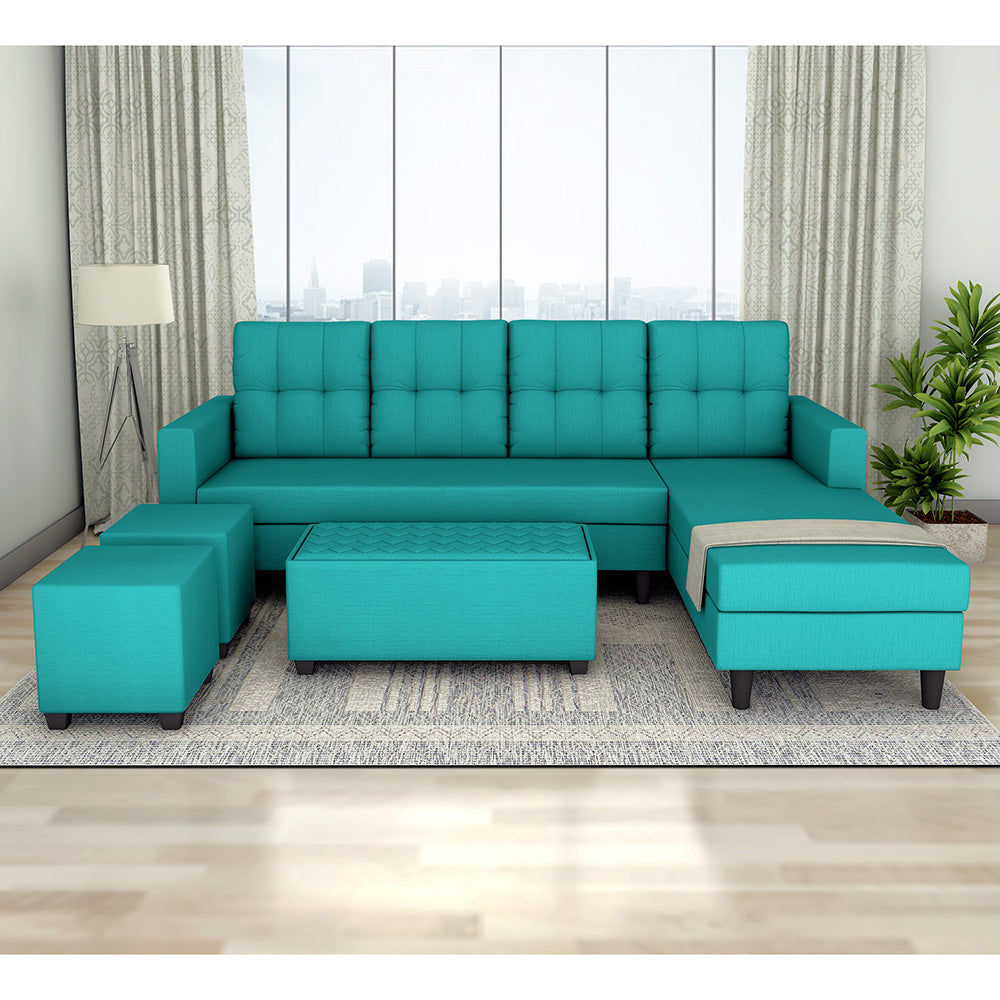Adorn India Darcy L Shape 8 Seater Sofa Set with Center Table and 2 Ottoman Puffy (RHS) (Aqua Blue) (3 Year Warranty)