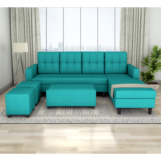 Adorn India Darcy L Shape 8 Seater Sofa Set with Center Table and 2 Ottoman Puffy (RHS) (Aqua Blue) (3 Year Warranty)