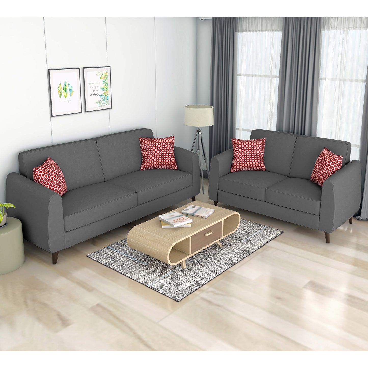 Adorn India Harlem 5 Seater 3+2 Fabric Sofa Set (Grey) (3 Year Warranty)